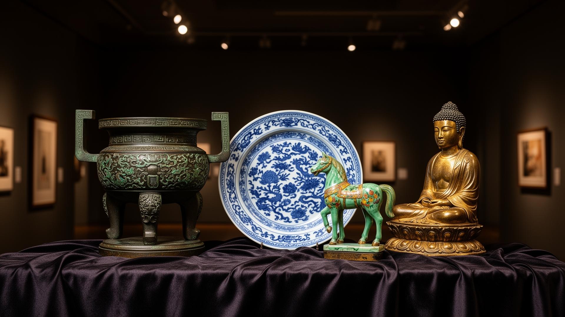 Rare Chinese antiques from Han and Tang Dynasties displayed in a refined private gallery