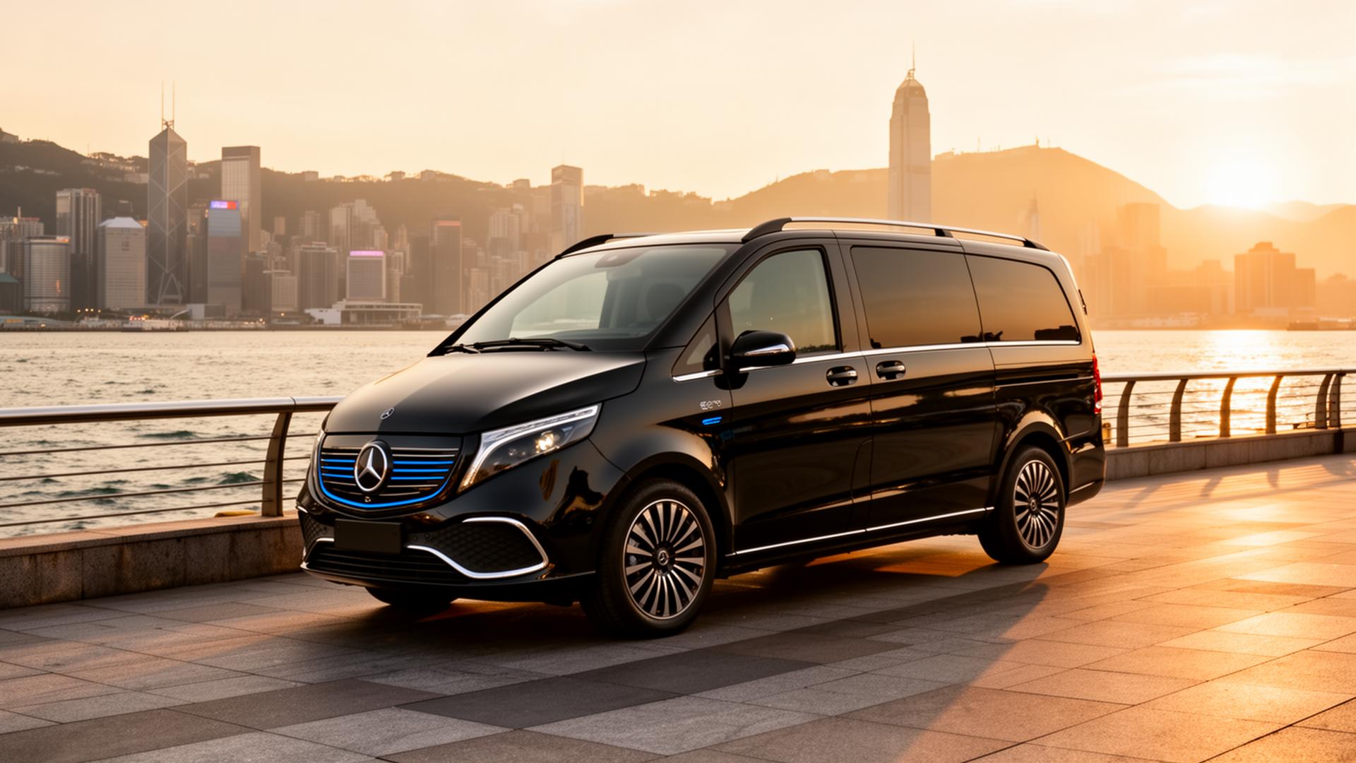 Mercedes-Benz EQV on the Hong Kong waterfront at golden hour