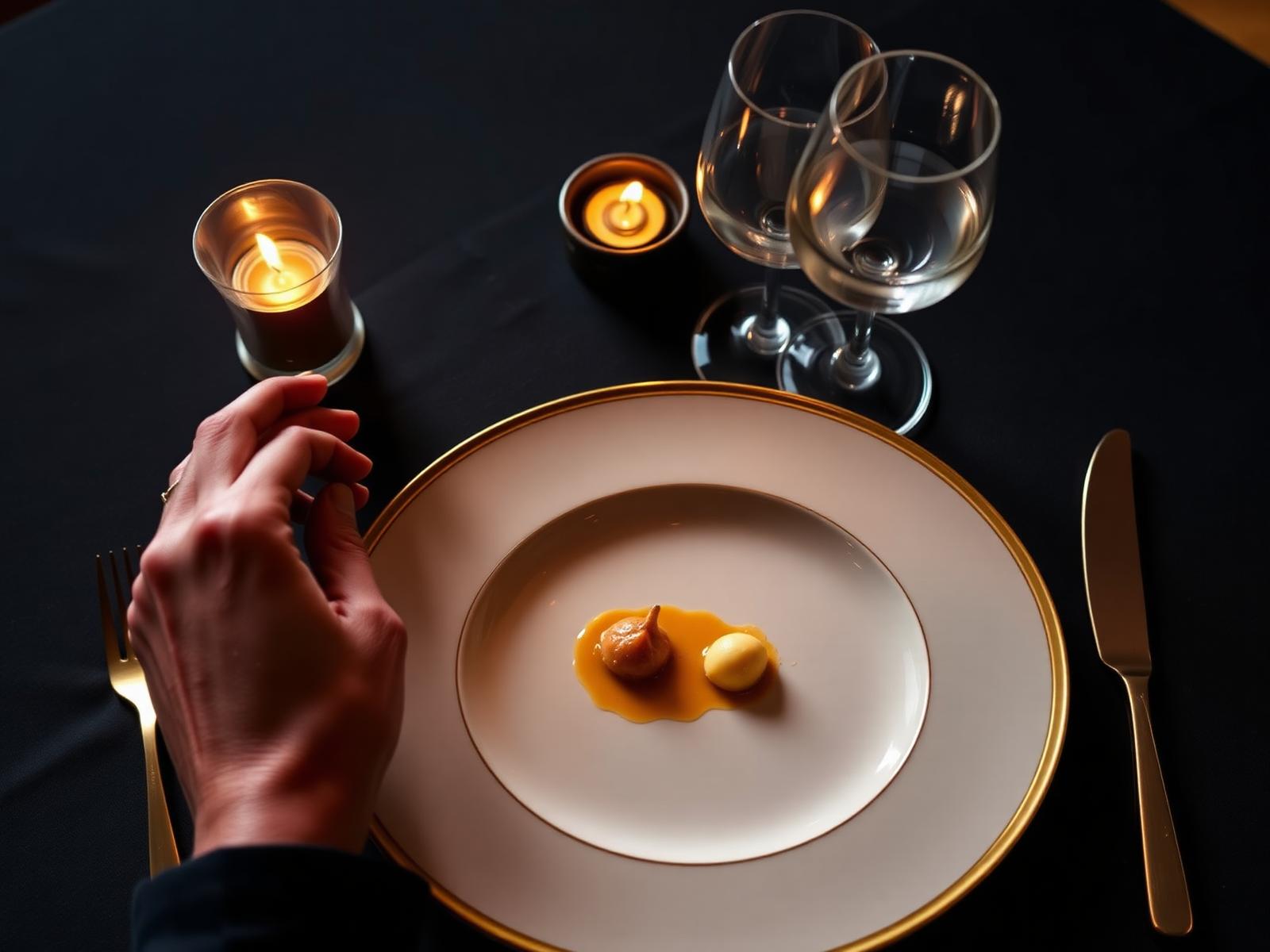 Michelin three-star tasting menu plated with gold-rimmed porcelain