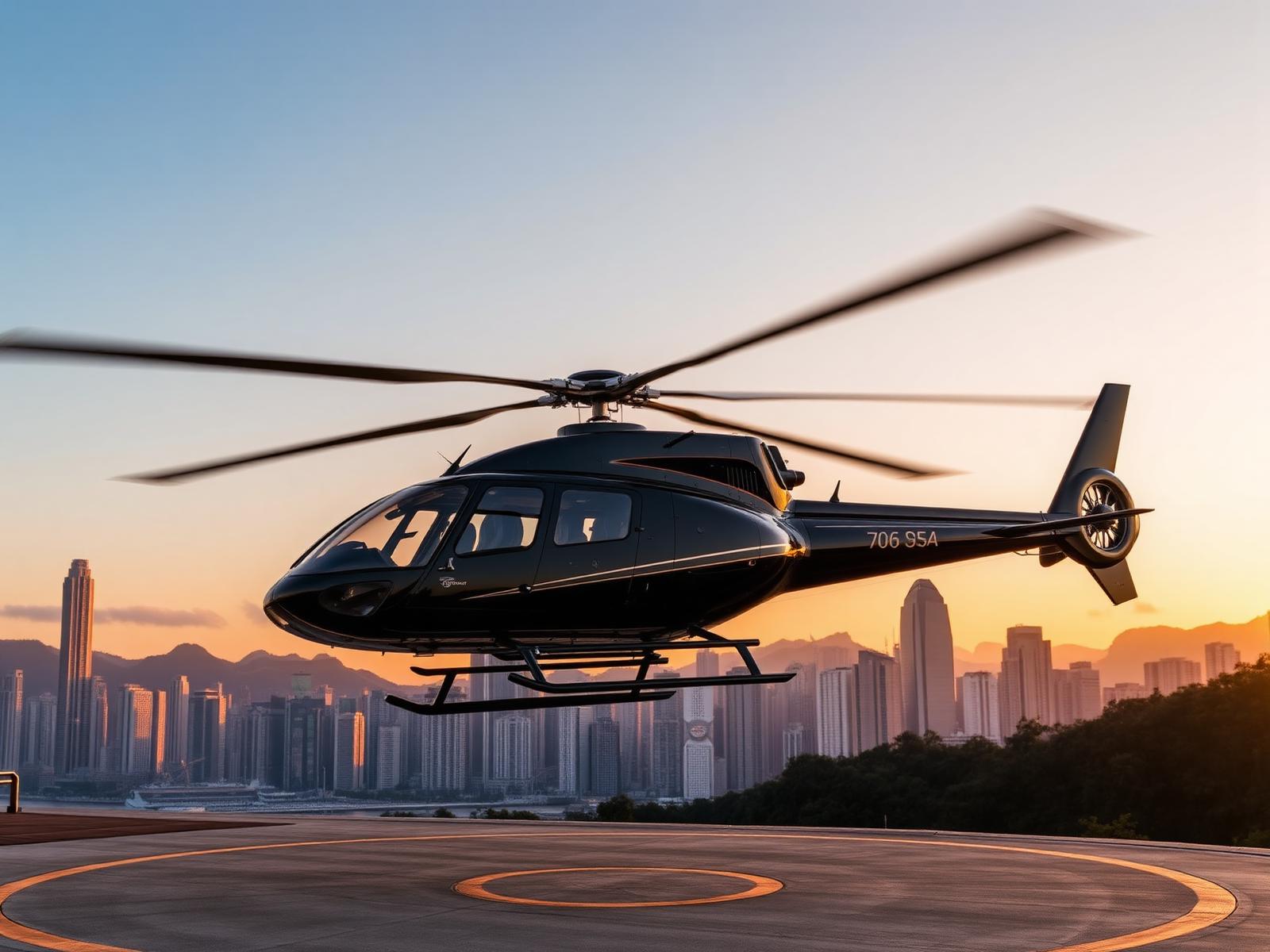 Private helicopter departing for a panoramic Hong Kong tour at golden hour
