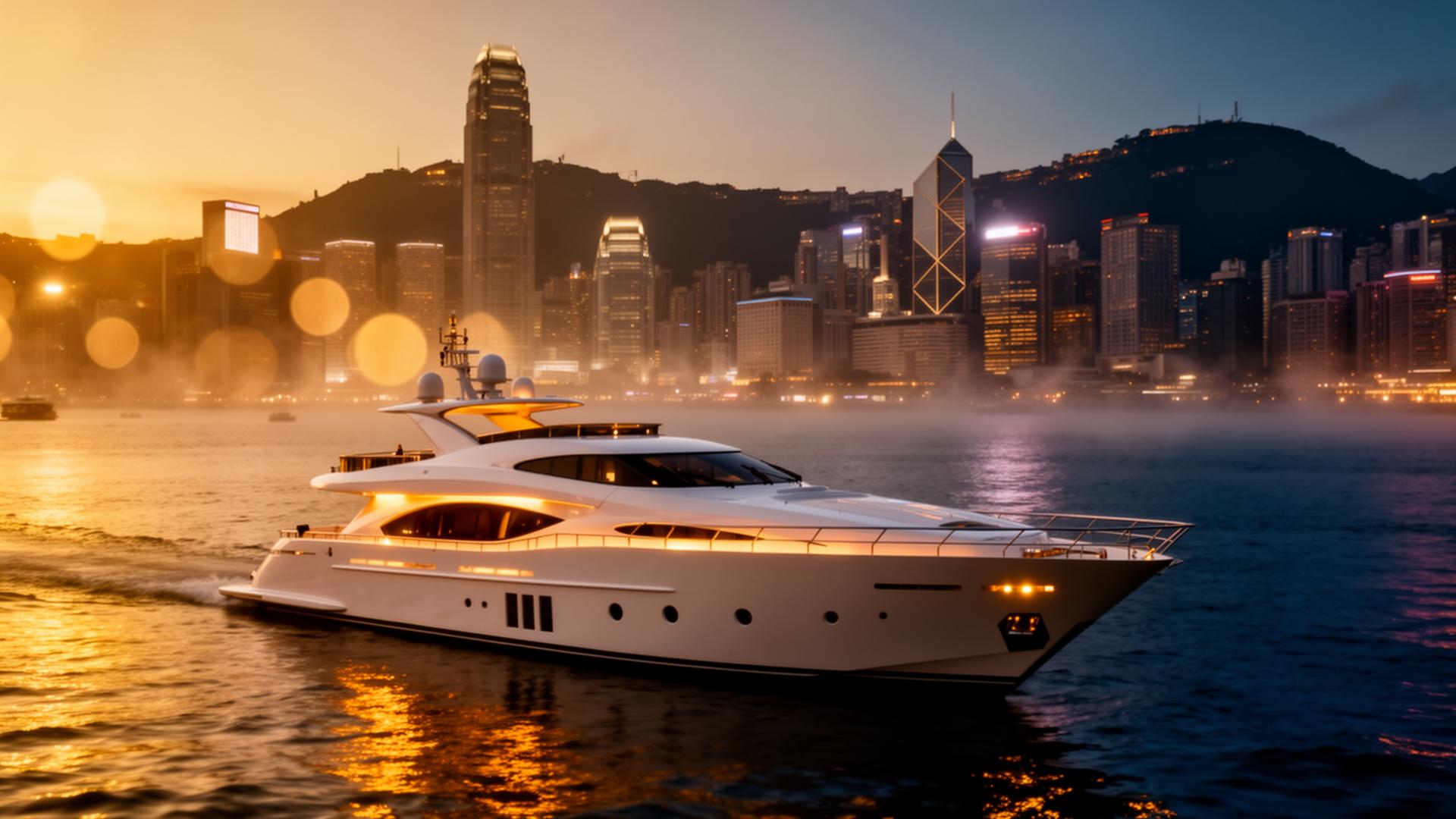 Private yacht on Victoria Harbour at golden hour
