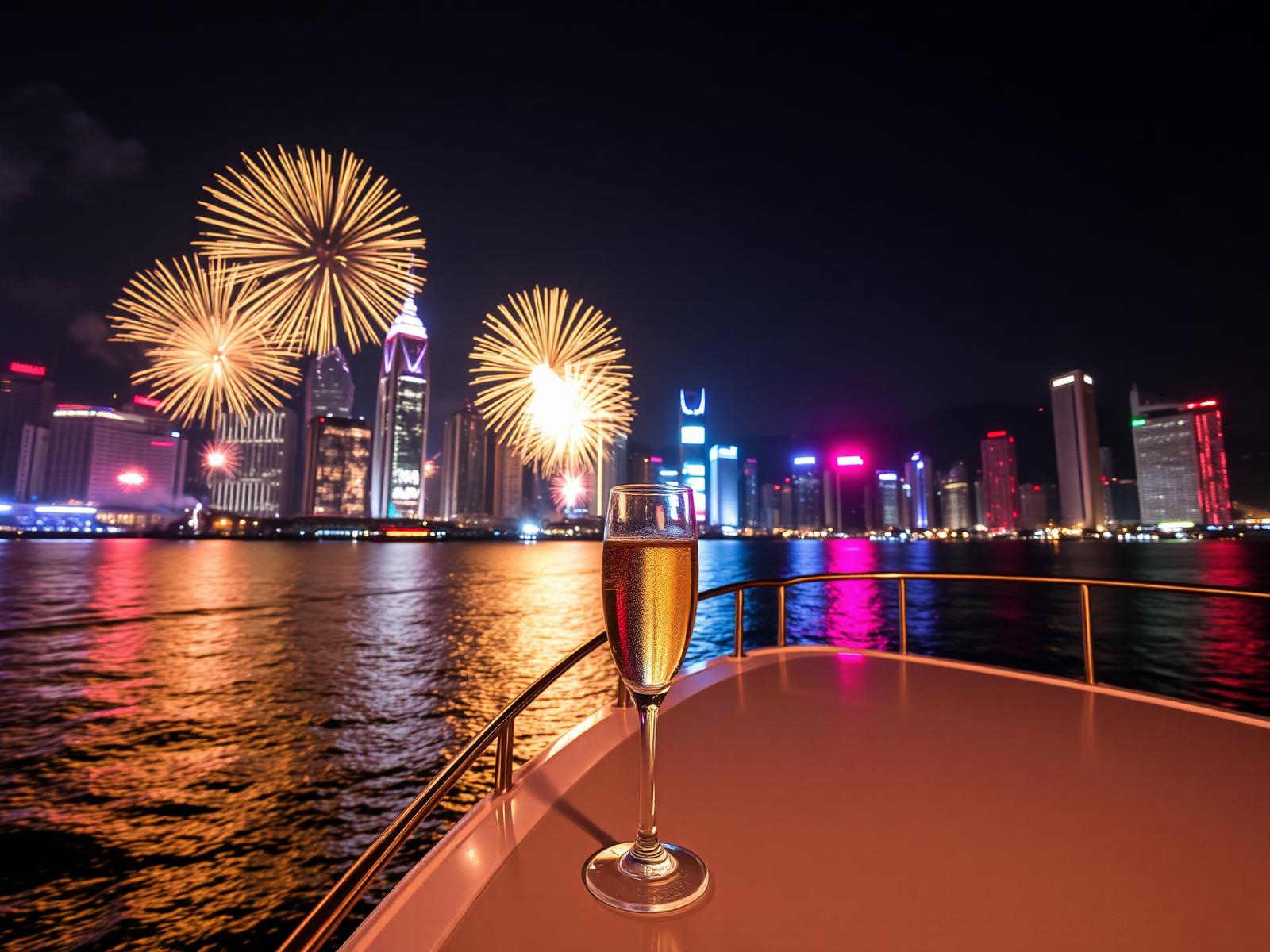 Private yacht foredeck with champagne flute, Lunar New Year fireworks over Hong Kong harbour