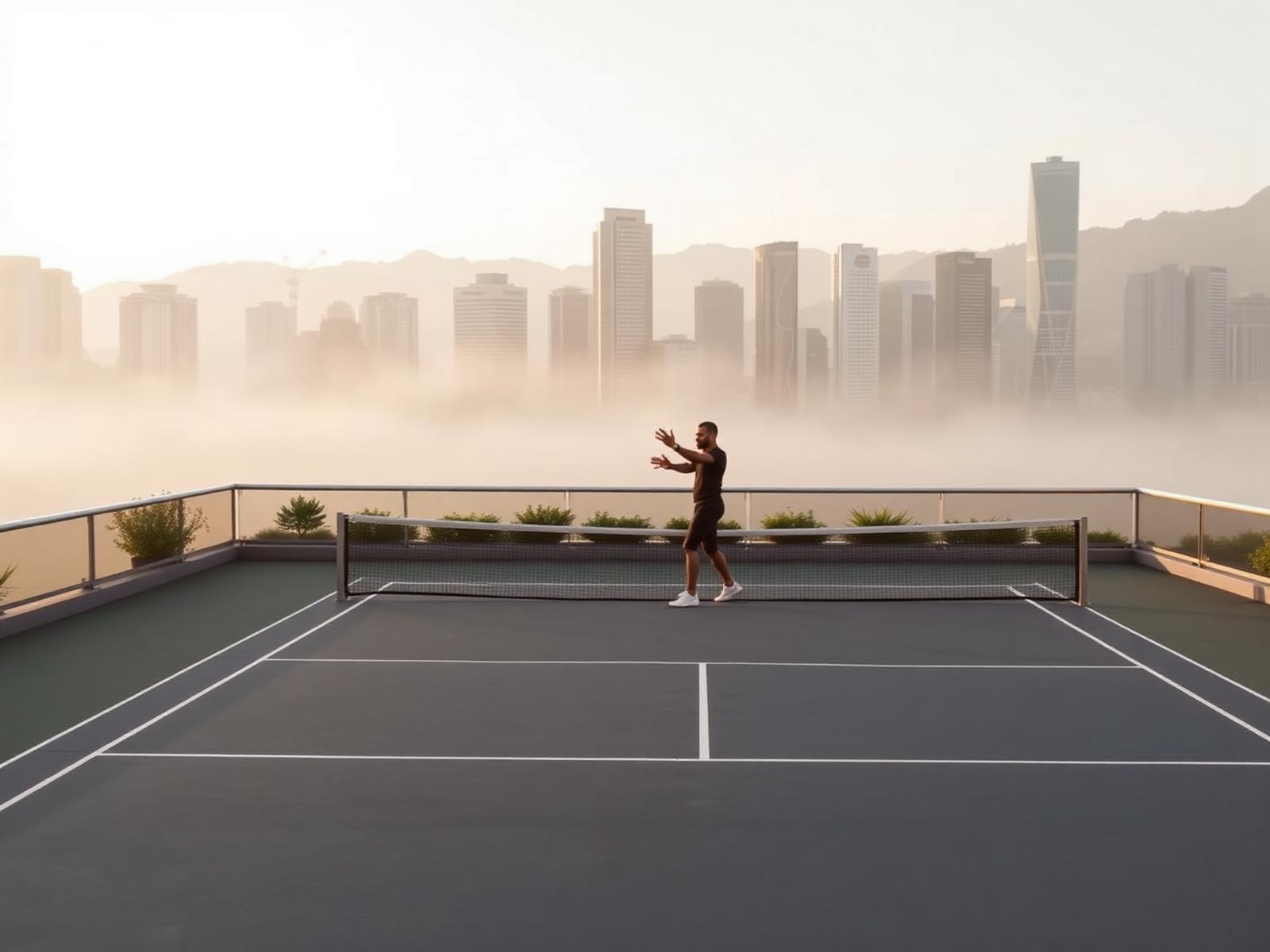 Private wellness coaching on a rooftop tennis court above the Hong Kong skyline